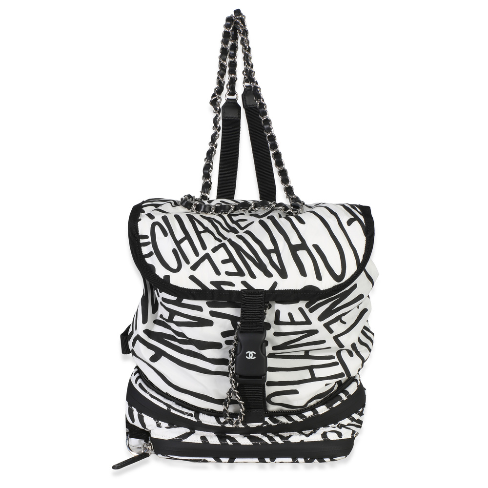 Chanel White Black Nylon Printed Coco Neige Backpack